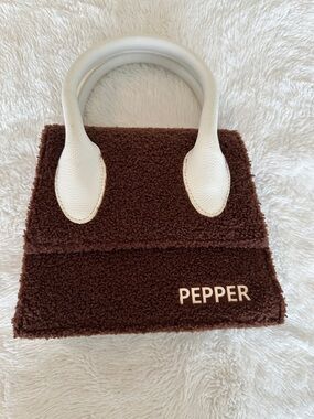 PEPPER Brown Shearling Mini Bag with White Handles